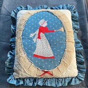 Vintage Handmade Blue and White Decorative Pillow With Lady